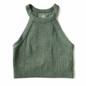 Aerie Ribbed Halter Crop Tank Top Olive Minimalist Size M